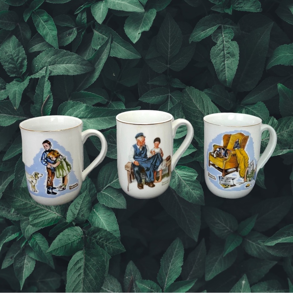 3 Vintage Norman Rockwell Coffee Tea Cups w Gold Rims
